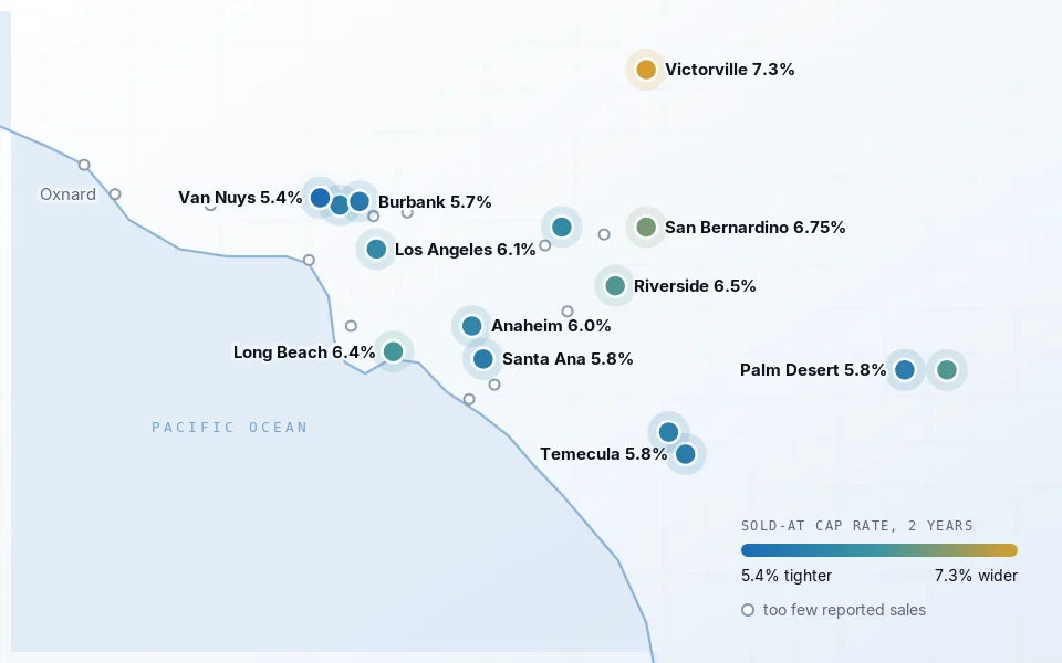Map of Southern California with each city coloured by the cap rate its commercial buildings sold at.